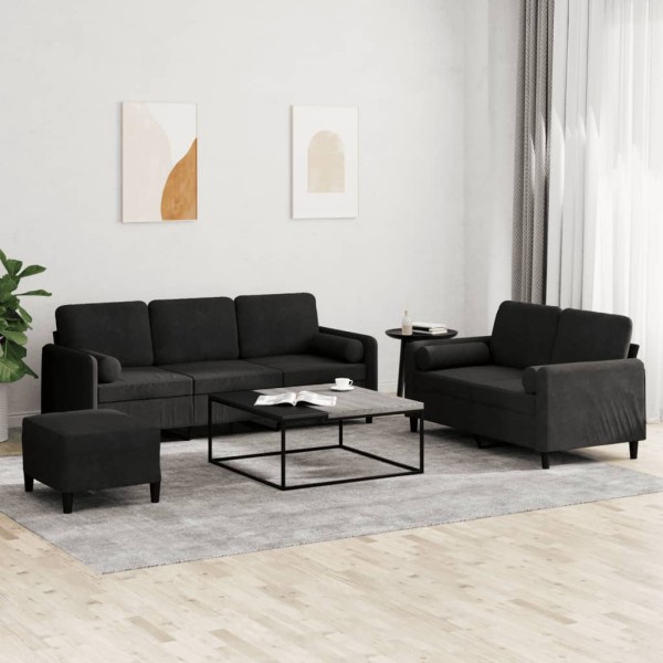 Sofa set with pillows, 3 parts, black, velvet