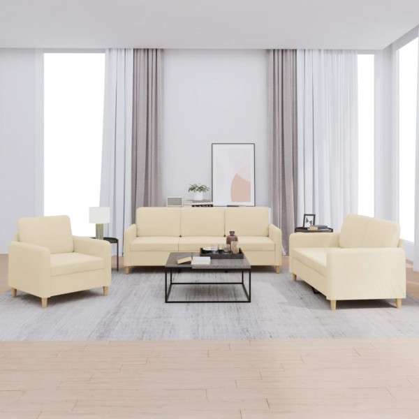 Sofa set with cushions, 3 parts, cream, fabric