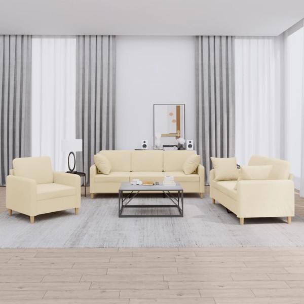 Sofa set with pillows, 3 parts, cream, fabric