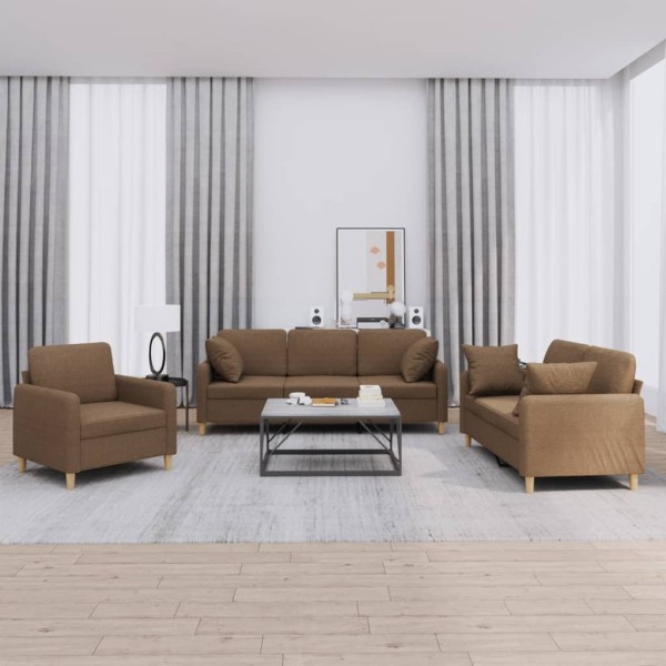 Sofa set with pillows, 3 parts, brown, fabric