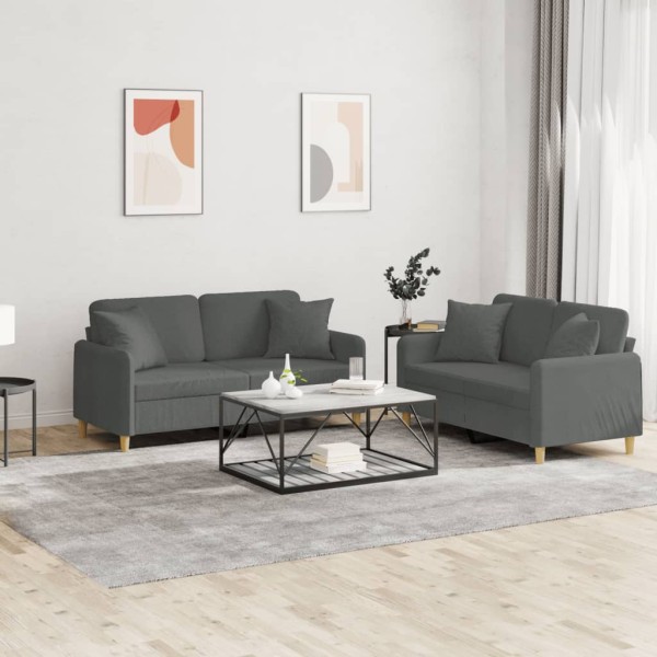 Sofa set with pillows, 2 parts, gray, fabric