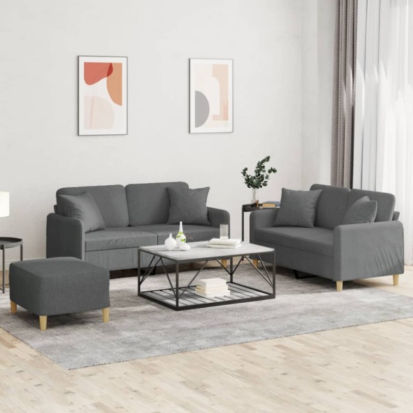 Sofa set with pillows, 3 parts, gray, fabric