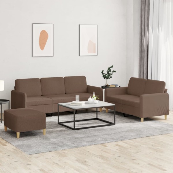 Sofa set with cushions, 3 parts, brown, fabric