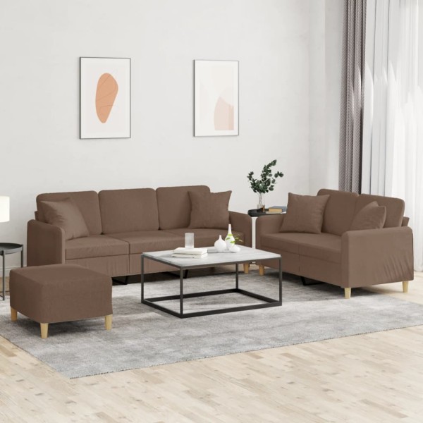 Sofa set with pillows, 3 parts, brown, fabric