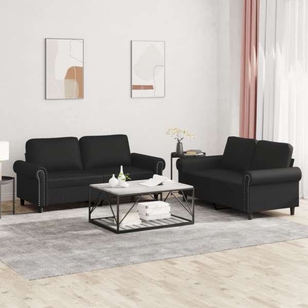 Sofa set with cushions, 2 parts, black, artificial leather