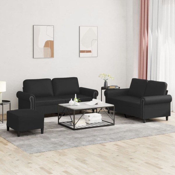 Sofa set with cushions, 3 parts, black, artificial leather
