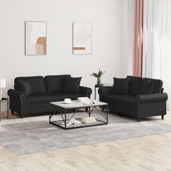 Sofa set with pillows, 2 parts, black, artificial leather