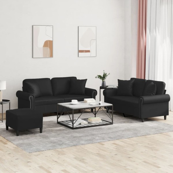 Sofa set with pillows, 3 parts, black, artificial leather