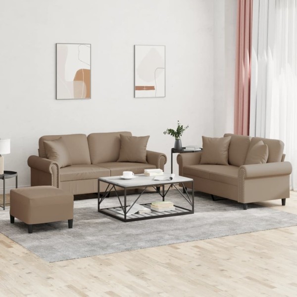 Sofa set with pillows, 3 parts, cappuccino, artificial leather