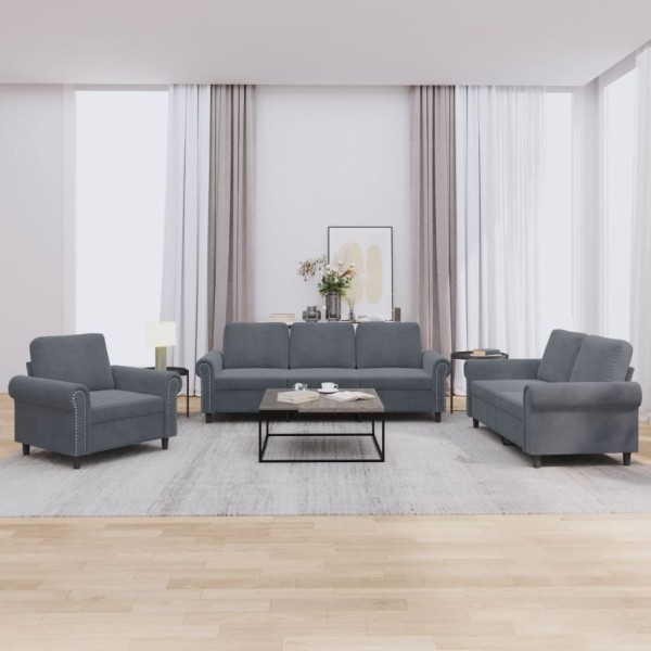 Sofa set with cushions, 3 parts, gray, velvet
