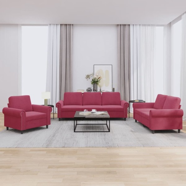 Sofa set with cushions, 3 parts, wine, velvet