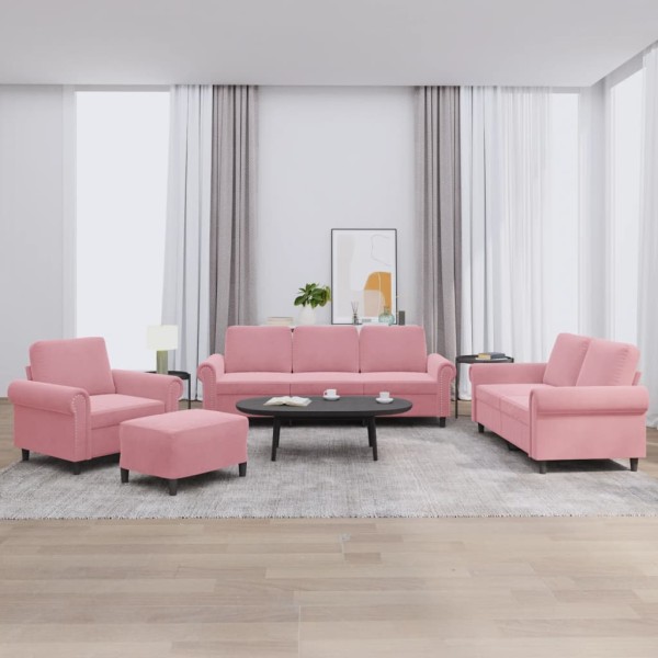Sofa set with cushions, 4 parts, pink, velvet