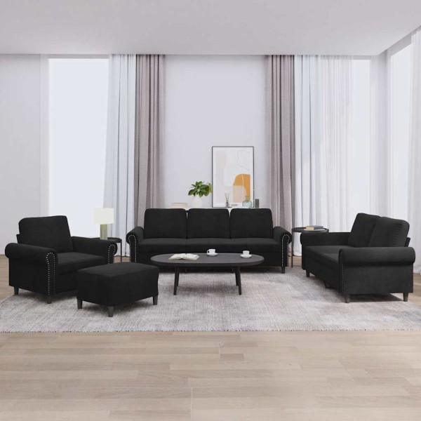Sofa set with cushions, 4 parts, black, velvet