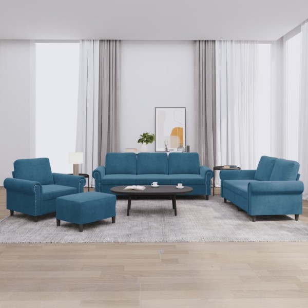 Sofa set with cushions, 4 parts, blue, velvet