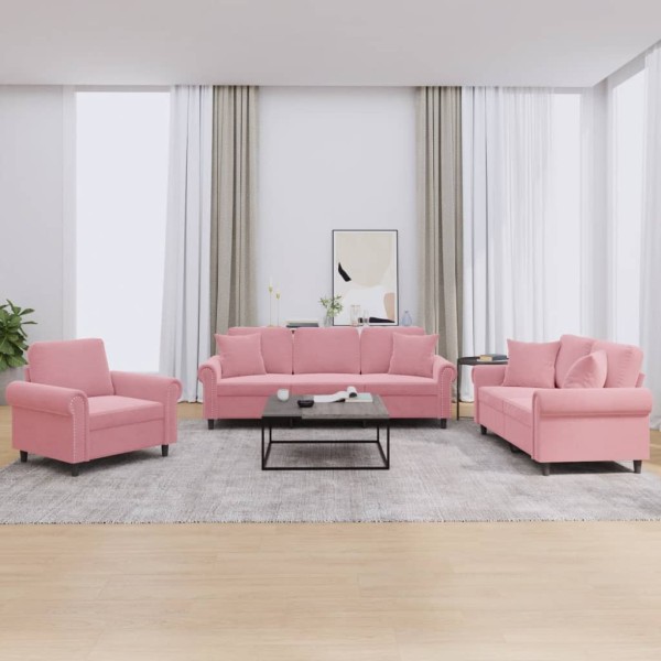 Sofa set with pillows, 3 parts, pink, velvet