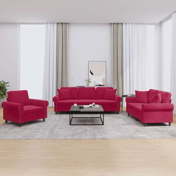 Sofa set with pillows, 3 parts, wine, velvet