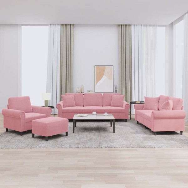 Sofa set with pillows, 4 parts, pink, velvet