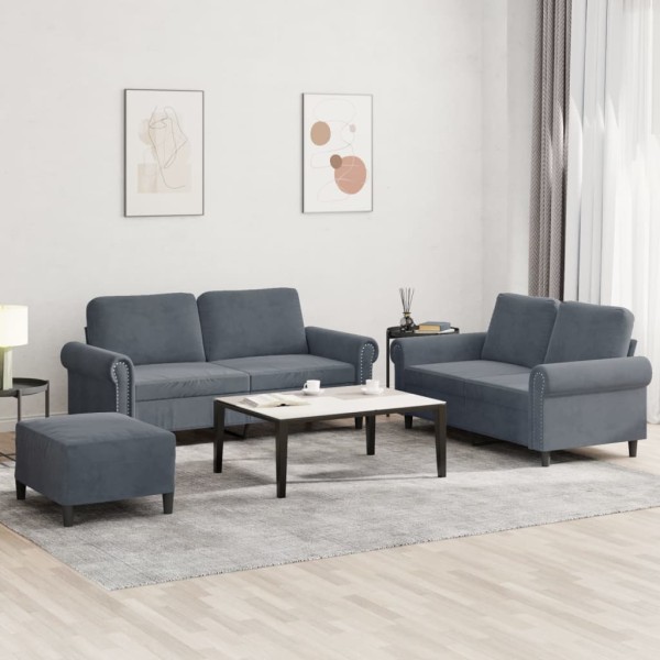 Sofa set with cushions, 3 parts, gray, velvet