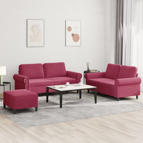 Sofa set with cushions, 3 parts, wine, velvet