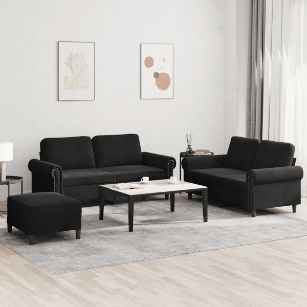 Sofa set with cushions, 3 parts, black, velvet