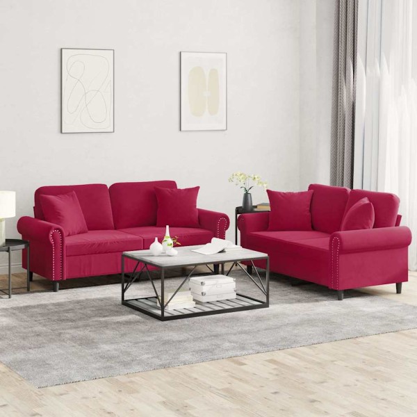 Sofa set with pillows, 2 parts, wine, velvet