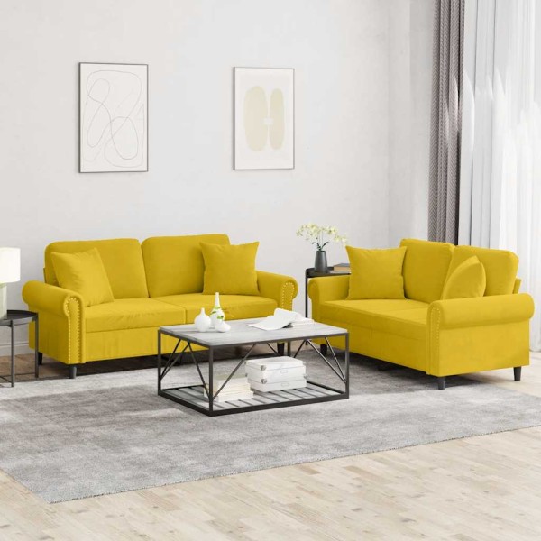 Sofa set with pillows, 2 parts, yellow, velvet