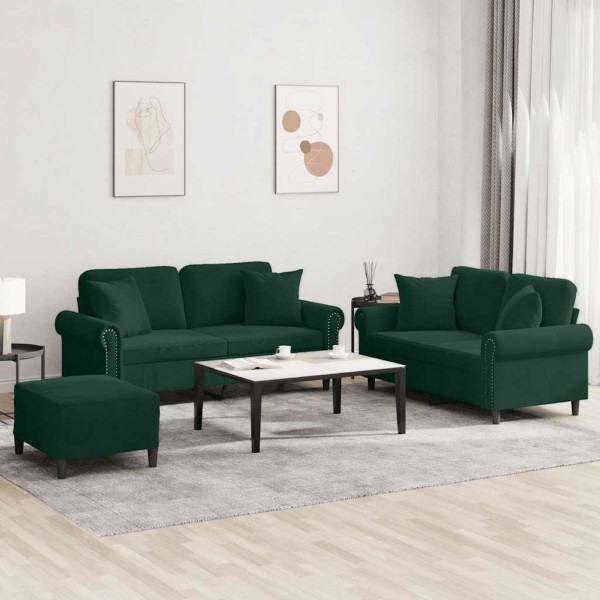 Sofa set with pillows, 3 parts, green, velvet
