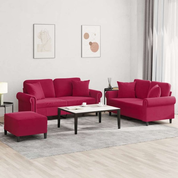 Sofa set with pillows, 3 parts, wine, velvet