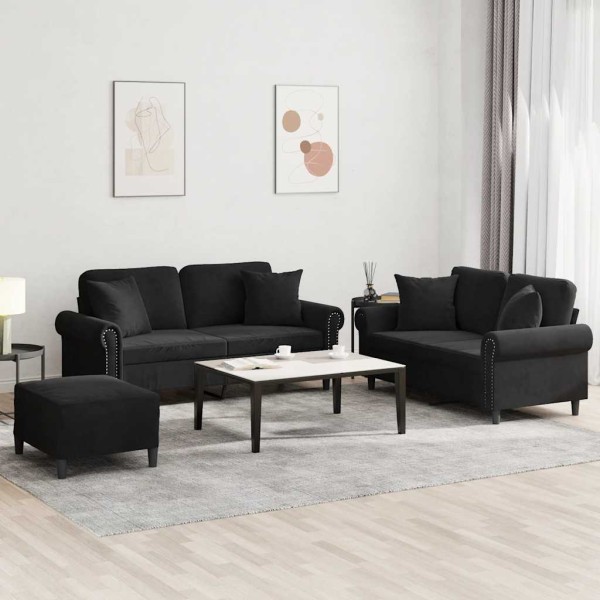 Sofa set with pillows, 3 parts, black, velvet