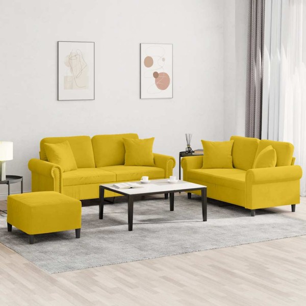 Sofa set with pillows, 3 parts, yellow, velvet