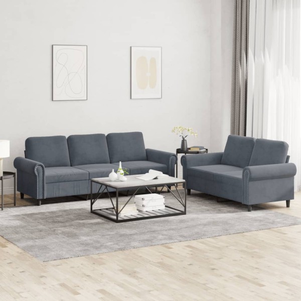 Sofa set with cushions, 2 parts, gray, velvet