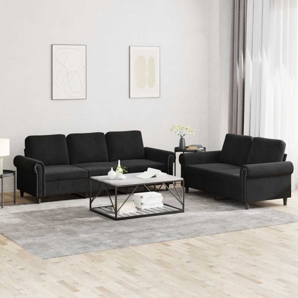Sofa set with cushions, 2 parts, black, velvet