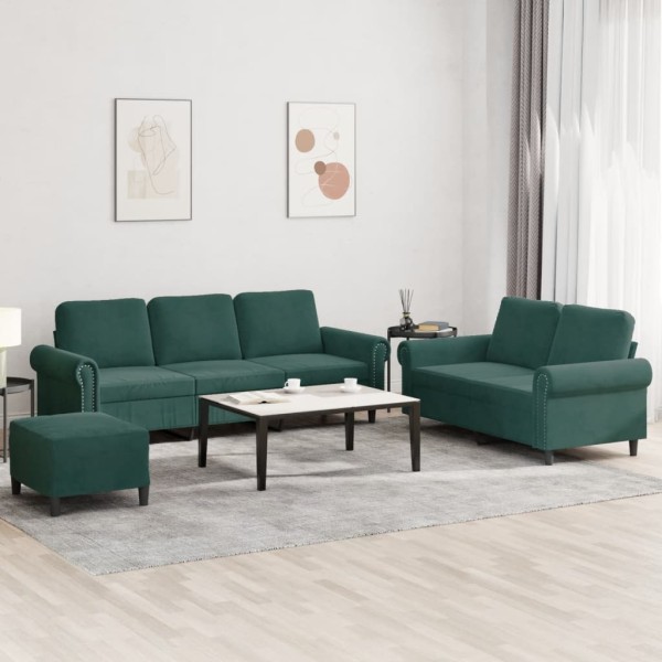 Sofa set with cushions, 3 parts, green, velvet