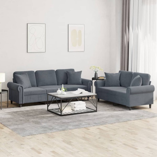 Sofa set with pillows, 2 parts, gray, velvet