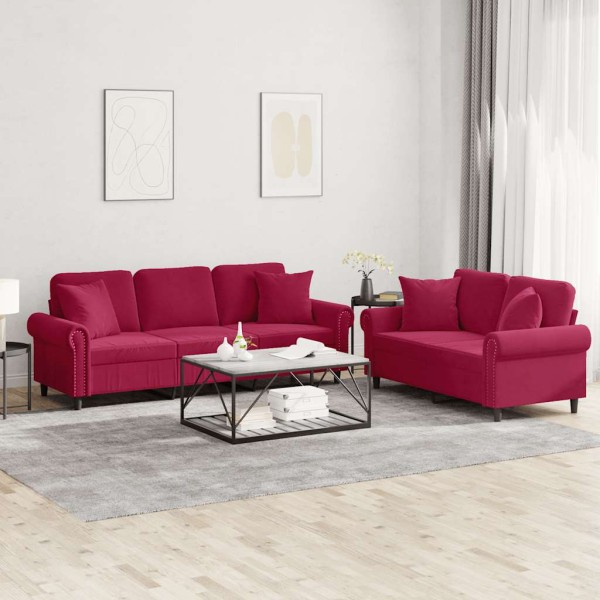 Sofa set with pillows, 2 parts, wine, velvet