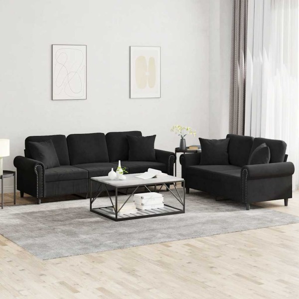 Sofa set with pillows, 2 parts, black, velvet