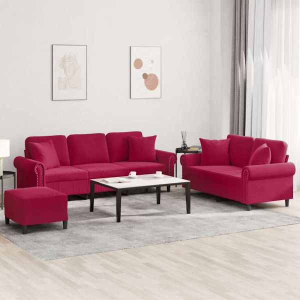 Sofa set with pillows, 3 parts, wine, velvet