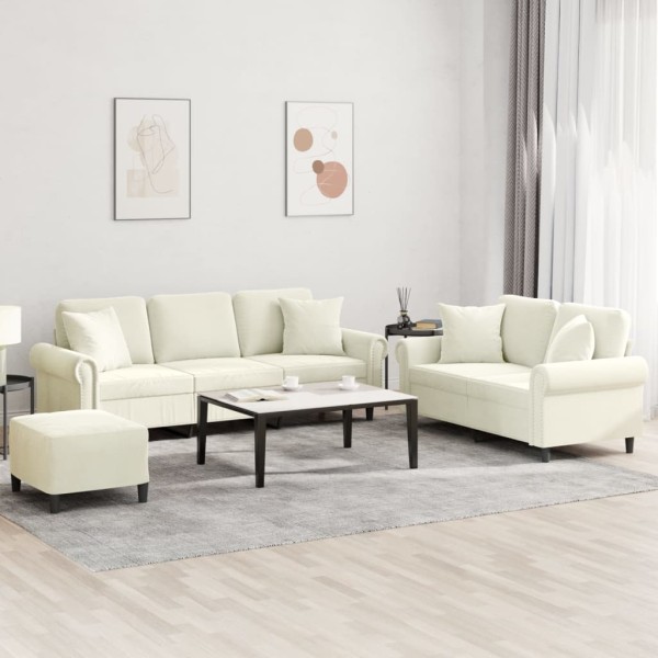 Sofa set with pillows, 3 parts, cream, velvet