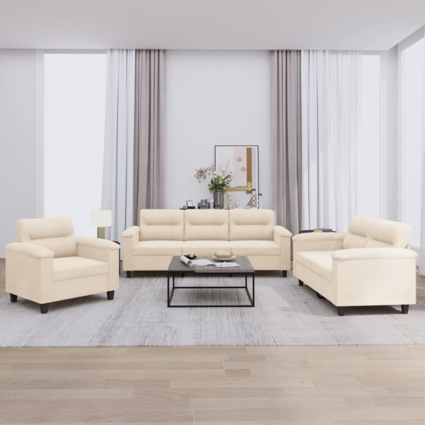 Sofa set with cushions, 3 parts, sand, fabric