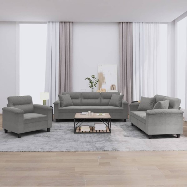 Sofa set with pillows, 3 parts, gray, fabric