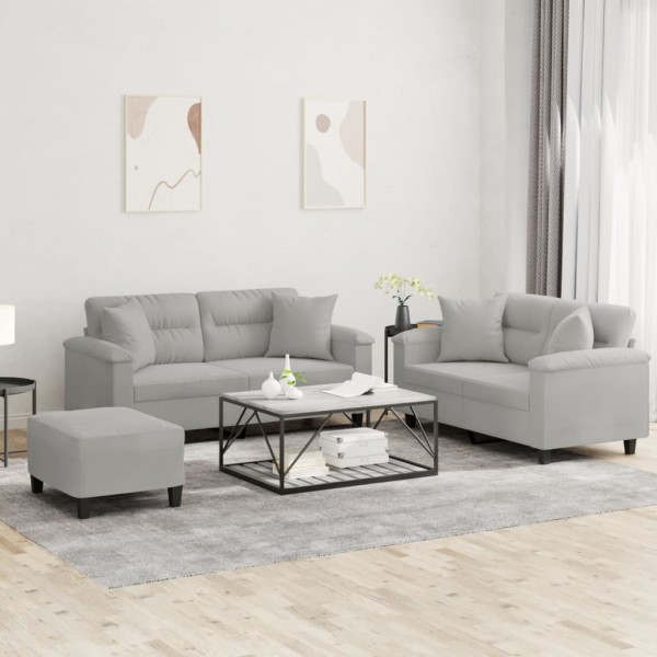 Sofa set with pillows, 3 parts, gray, fabric