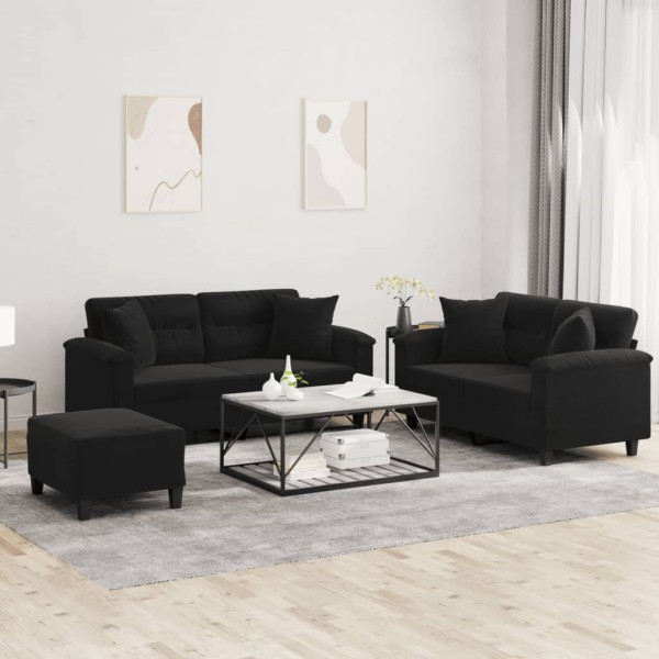 Sofa set with pillows, 3 parts, black, fabric