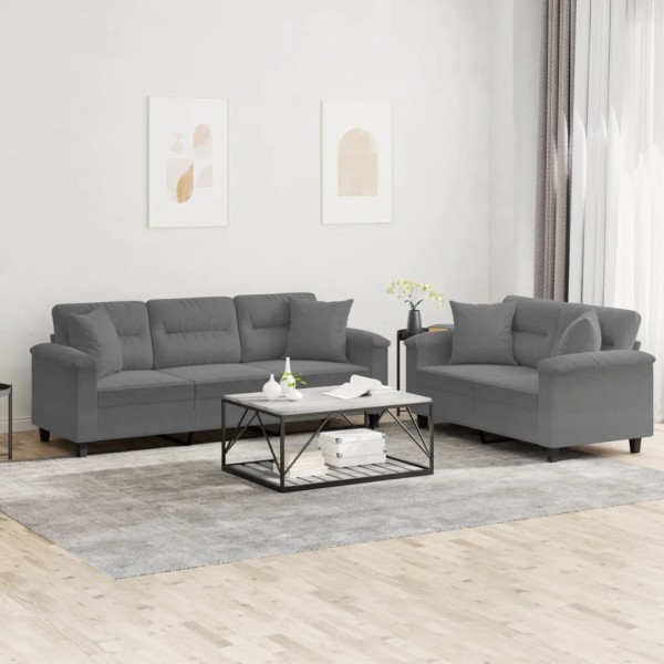 Sofa set with pillows, 2 parts, gray, fabric