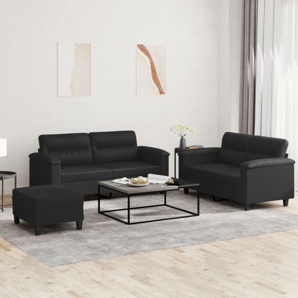 Sofa set with cushions, 3 parts, black, artificial leather