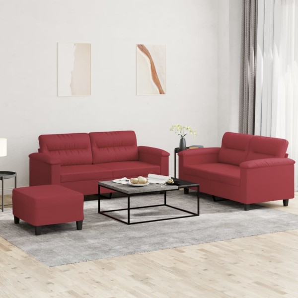 Sofa set with cushions, 3-piece, wine, artificial leather