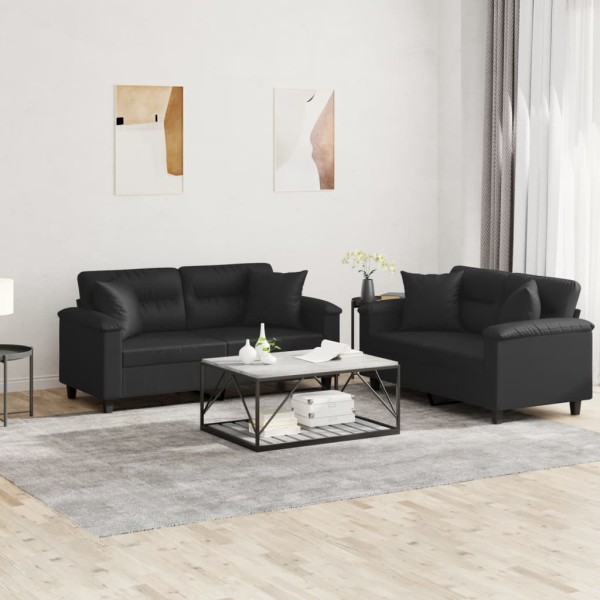 Sofa set with pillows, 2 parts, black, artificial leather