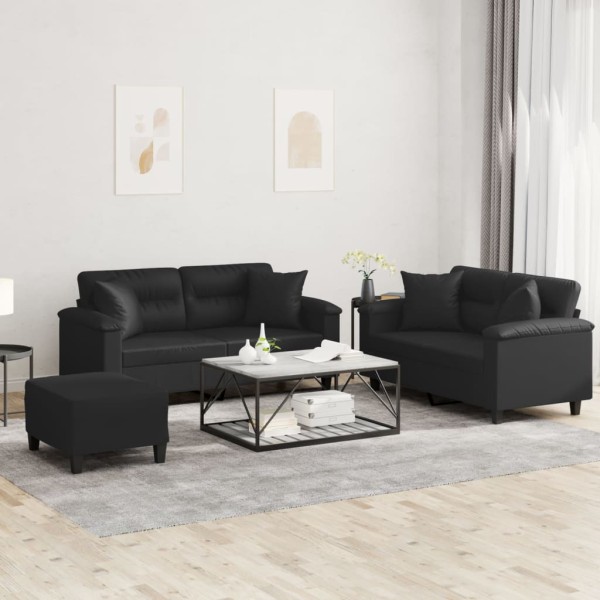 Sofa set with pillows, 3 parts, black, artificial leather