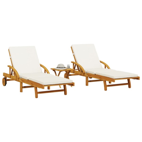 Sunbeds with table, 2 pcs., solid acacia wood
