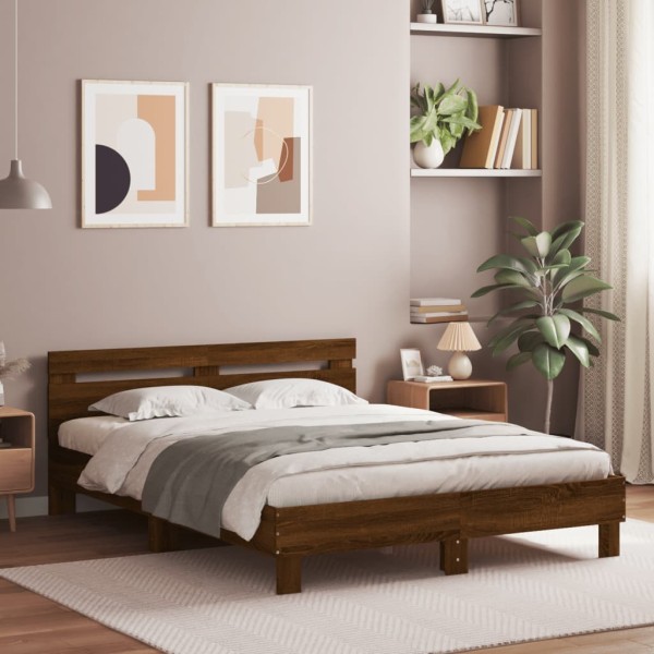 Bed frame with headboard, brown oak, 140x190cm, wood