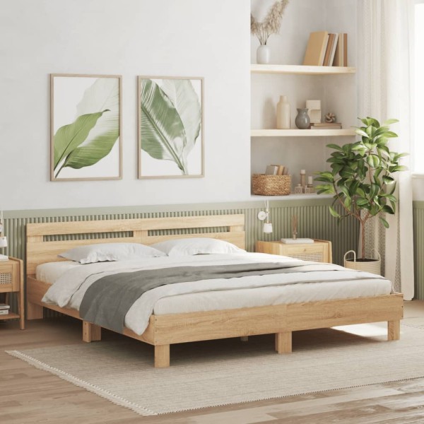 Bed frame with headboard and LED, sonoma oak, 200x200cm